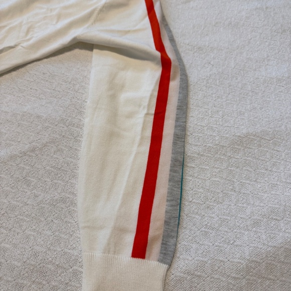 white crew neck sweater with color stripes on sleeves, large - Picture 2 of 8